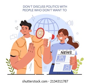 How to manage stress instruction concept. Don't discuss potics and news with people who don't want to. Negative world news pressure. Psychological support, emotional help. Flat vector illustration