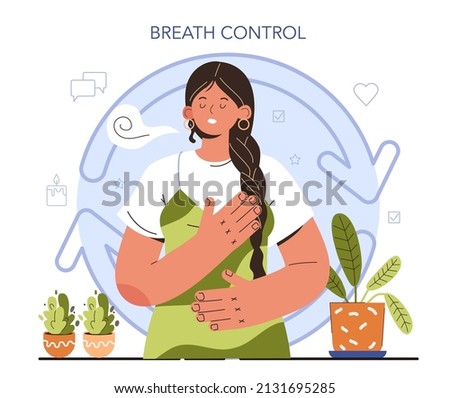 How to manage stress instruction concept. Character dealing with anxiety with breath control. Psychological support, emotional help. Negative world news pressure. Flat vector illustration