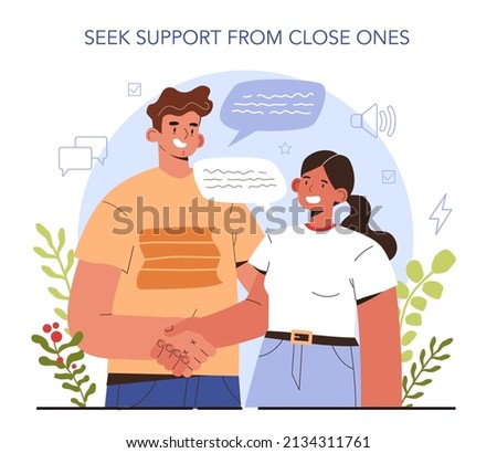 How to manage stress instruction concept. Seek support from your close ones. Frustrated character with anxiety and confusion. Psychological support, emotional help. Flat vector illustration