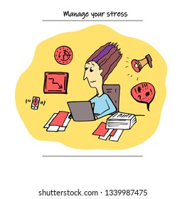 How to manage stress, reduce stress at work. Set elements. Vector illustration. Hand drawing for your design.
