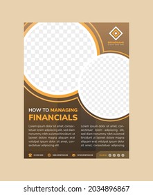 Cómo administrar la plantilla de diseño del folleto financiero. forma de círculo para el espacio de collage de fotos. Disposición vertical con degradado de naranja marrón sobre el elemento y el fondo.