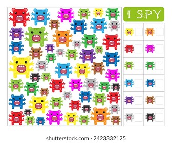 How many activity. Monsters I spy game for kids. Counting activity for children. Math educational game for preschool and kindergarten. Worksheet for school and homeschool	