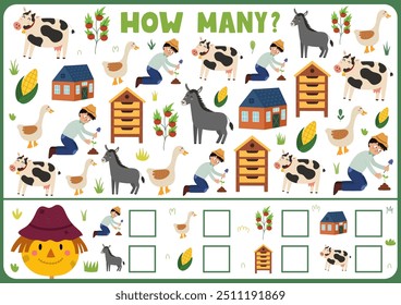 How many activity page for kids with cute farm animals. Count the number of cow, donkey, goose and more. Puzzle game for school and preschool. Vector illustration