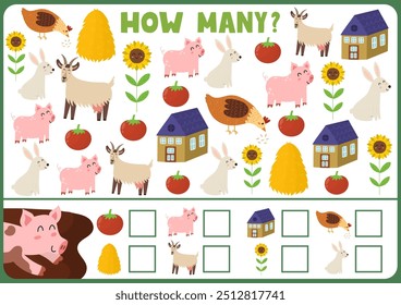 How many activity page for kids with cute farm animals. Count the number of pig, goat, rabbit, hay and more. Puzzle game for school and preschool. Vector illustration