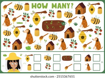 Cuánta página de actividad para niños con lindos personajes de granja. Cuente el número de abejas, perros, tomates y más. Juego de rompecabezas para la escuela y preescolar. Ilustración vectorial