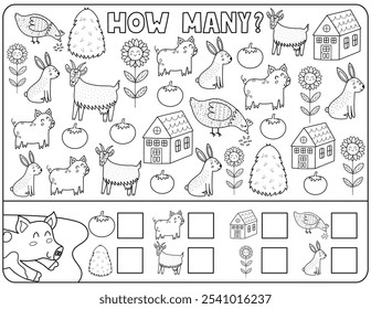 How many activity page for kids with cute farm animals. Count the number of pig, goat, rabbit, hay and more. Puzzle game for school and preschool. Vector illustration