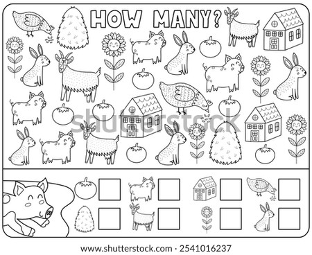 How many activity page for kids with cute farm animals. Count the number of pig, goat, rabbit, hay and more. Puzzle game for school and preschool. Vector illustration
