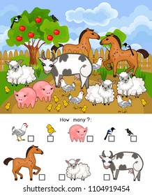 How many animals. Counting educational game with different farm animals for preschool kids
