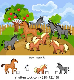 How many animals. Counting educational game with different farm animals for preschool kids