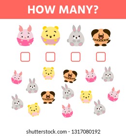 How many animals, counting game. Vector illustration. Development activity for preschool children with counting objects. Game for kids.