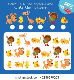 How many animals do you see here? Count and write numbers. Game for children. Math worksheet for kids. Vector color illustration.