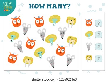 How many animals kids development activity. Vector sheet for counting game for preschool children 
