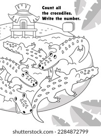 How many animals in picture. Game for children. Count and write numbers. Crocodile in pond. Educational puzzle game for children. Black and white vector illustration.