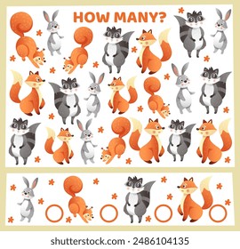 How many animals. Preschool kids worksheet. Workbook test. Math counting. Sorting quiz. Children game. Cartoon hare. Fox and raccoon. Finding identical forest mammals. Vector educational puzzle design