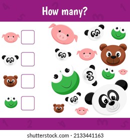 How many animals are there. Count the number of ianimals. Math worksheet for kids. Pig, panda, frog,bear