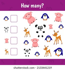 How many animals are there. Count the number of animals. Math worksheet for kids.