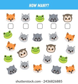 How many animals are there. Count the number of animals face. Math worksheet for kids. Vector