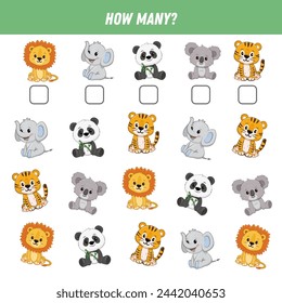 How many animals are there. Count the number of animals. Cute lion, elephant, panda, koala, tiger. Math worksheet for kids. Vector