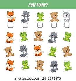 Cuántos animales hay. Cuenta el número de animales. Lindo zorro, mapache, rana, oso, lobo. Hoja de cálculo matemática para niños. Vector