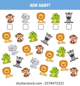 How many animals are there. Count the number of animals. Cute lion, elephant, monkey, zebra, crocodile. Math worksheet for kids. Vector