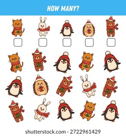 How many animals are there. Count the number of animals. Cute bunny, hedgehog, bear, cat, penguin. Math worksheet for kids. Vector