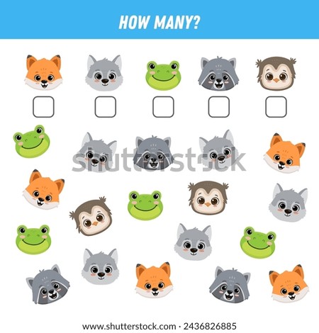 How many animals are there. Count the number of animals face. Math worksheet for kids. Vector