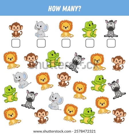 How many animals are there. Count the number of animals. Cute lion, elephant, monkey, zebra, crocodile. Math worksheet for kids. Vector