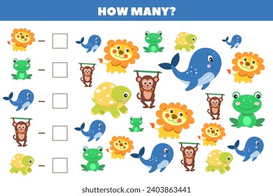 How many animals are there in the picture.Count the number of animals. Math game for children. Puzzle, educational game for children.