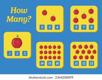 How many apple are there? Educational math game for kids. Printable worksheet design for preschool or elementary kids.