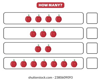 How many apple are there? Printable worksheet design for children. Counting game for kids.