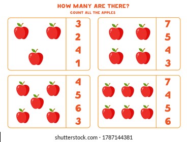 How many apples are there. Educational counting game for kids. Math worksheet for preschoolers. Printable activity page. Count the amount of apples and circle right answer.