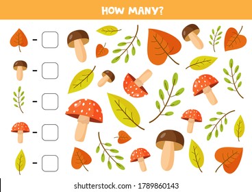 How many autumn elements are there. Count the amount of leaves and mushrooms. Math game for kids. Printable worksheet for preschoolers.