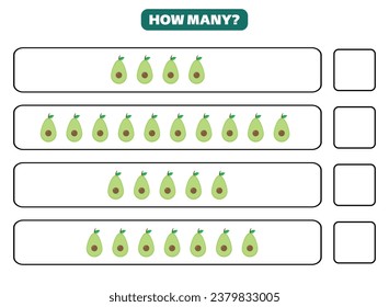 How many avocado are there? Educational worksheet design for children. Counting game for kids.