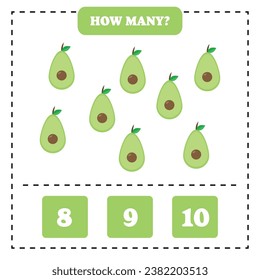 How many avocado are there? Educational worksheet design for children. Counting game for kids.