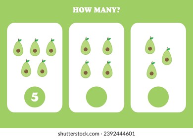 ¿Cuántos aguacates hay? Diseño de hojas de cálculo educacionales para niños. Juego de conteo para niños.