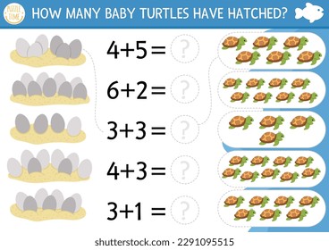 ¿Cuántas tortugas bebé han eclosionado el juego? Bajo el mar se realizan actividades de adición de matemáticas para niños preescolares. Simple vida oceánica imprimible hoja de cálculo de recuento para niños con animales de agua tierno y huevos en la arena
