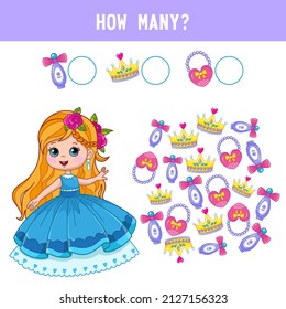 How many bags, perfumes and crowns does the princess have? Counting educational kids game, kids math activity sheet. Cartoon color vector illustration