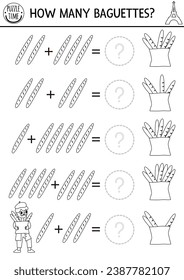 How many baguettes game. French black and white traditional pastry math addition activity. Simple France printable counting line worksheet for kids. Funny mathematics coloring page
