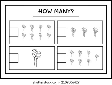Cuántos globos, juegos para niños. Ilustración del vector, hoja de cálculo imprimible