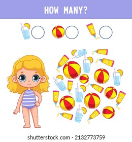 How many balls, sunscreen and lemonade does a cute little girl in a bathing suit have? Counting educational kids game, kids math activity sheet. Cartoon colored vector illustration.