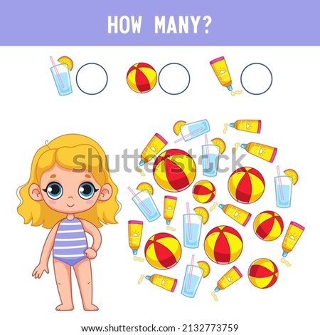 How many balls, sunscreen and lemonade does a cute little girl in a bathing suit have? Counting educational kids game, kids math activity sheet. Cartoon colored vector illustration.