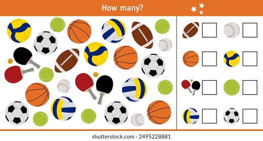 How many balls for various sports games, inventory for sportsmen? Children's educational game, logical task. Riddle, quiz for kids. Vector illustration