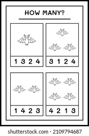 How many Bat, game for children. Vector illustration, printable worksheet