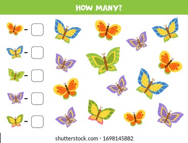 How many beautiful colorful butterflies are there. Counting game for kids. 