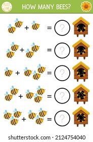 How many bees game with cute insects. On the farm math addition activity for preschool children. Simple farm printable counting worksheet for kids with beehive
