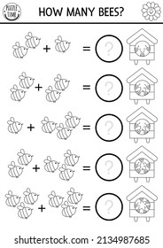 How many bees game with cute insects. On the farm black and white math addition activity. Simple line farm printable counting worksheet or coloring page for kids with beehive
