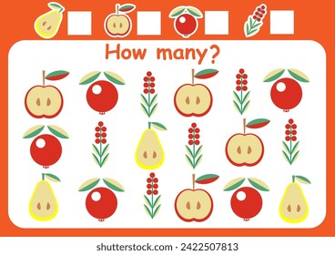 How many berries and fruits are there? Counting game for children. Math assignment for preschoolers.