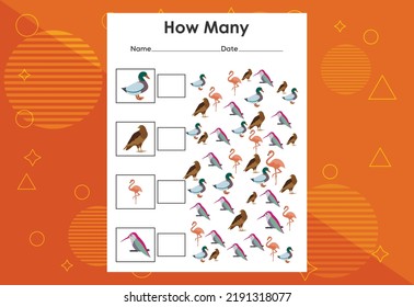 How many bird tasks? Educational children's game worksheet