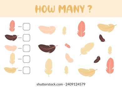 How many bird feathers. Mathematical game for children. Printable worksheet for preschoolers. Set of colorful feather elements.