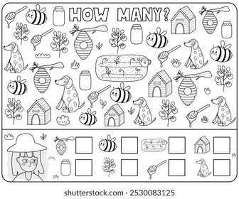 How many black and white activity page for kids with cute farm characters. Count the number of bee, dog, tomato and more. Puzzle game in outline for school and preschool. Vector illustration